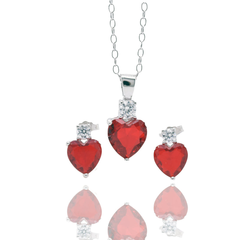 Silver 925 Rhodium Plated Synthetic Ruby Red Heart Clear CZ Stud Earring and Necklace Set - STS00522