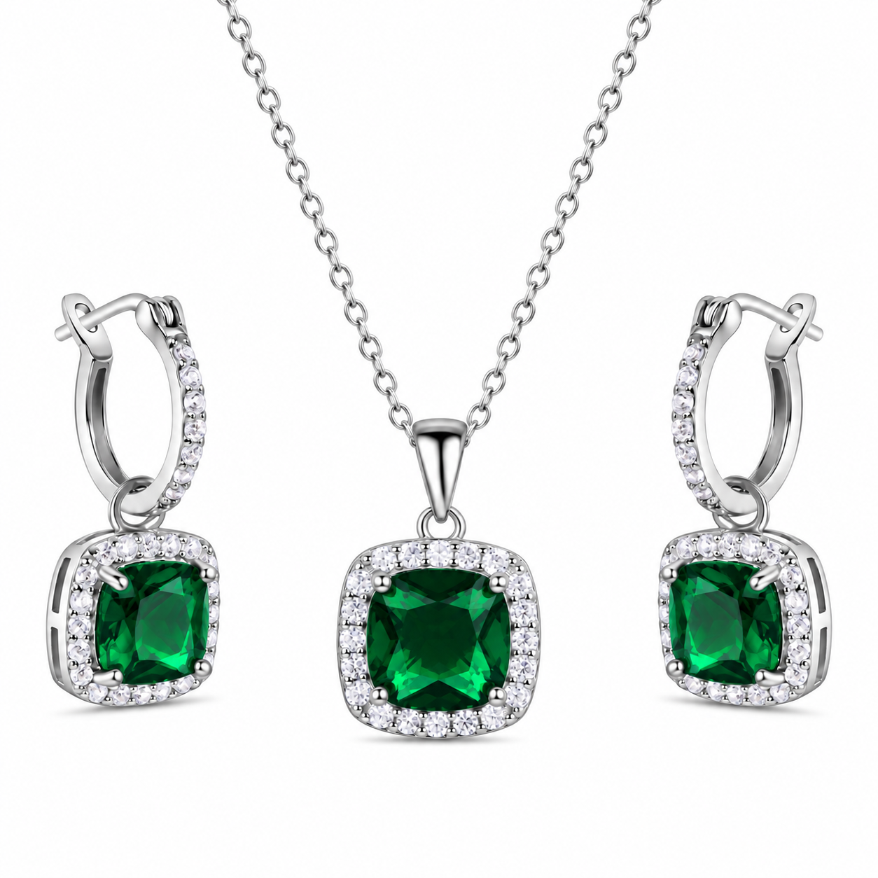 Rhodium Plated 925 Sterling Silver Square CZ Birthstone Earring & Pendant Set - STS00549-GREEN