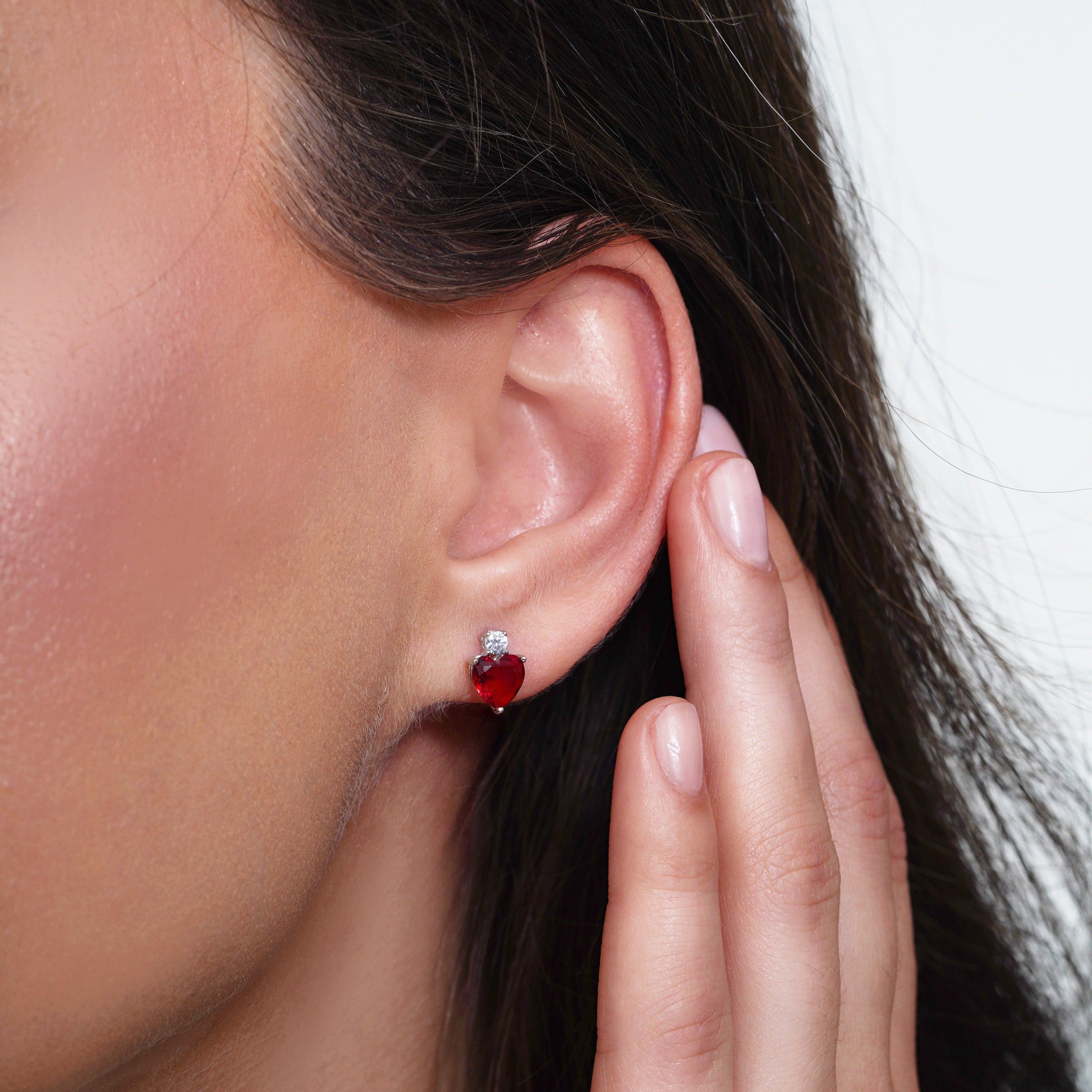 Silver 925 Rhodium Plated Synthetic Ruby Red Heart Clear CZ Stud Earring and Necklace Set - STS00522