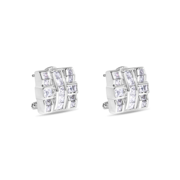 Final Price-Rhodium Plated 925 Sterling Silver Square Cross Design Clear CZ Leverback Earrings - STEM094