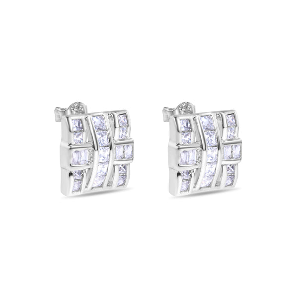 Final Price-Rhodium Plated 925 Sterling Silver Square Cross Design Clear CZ Stud Earring - STEM124
