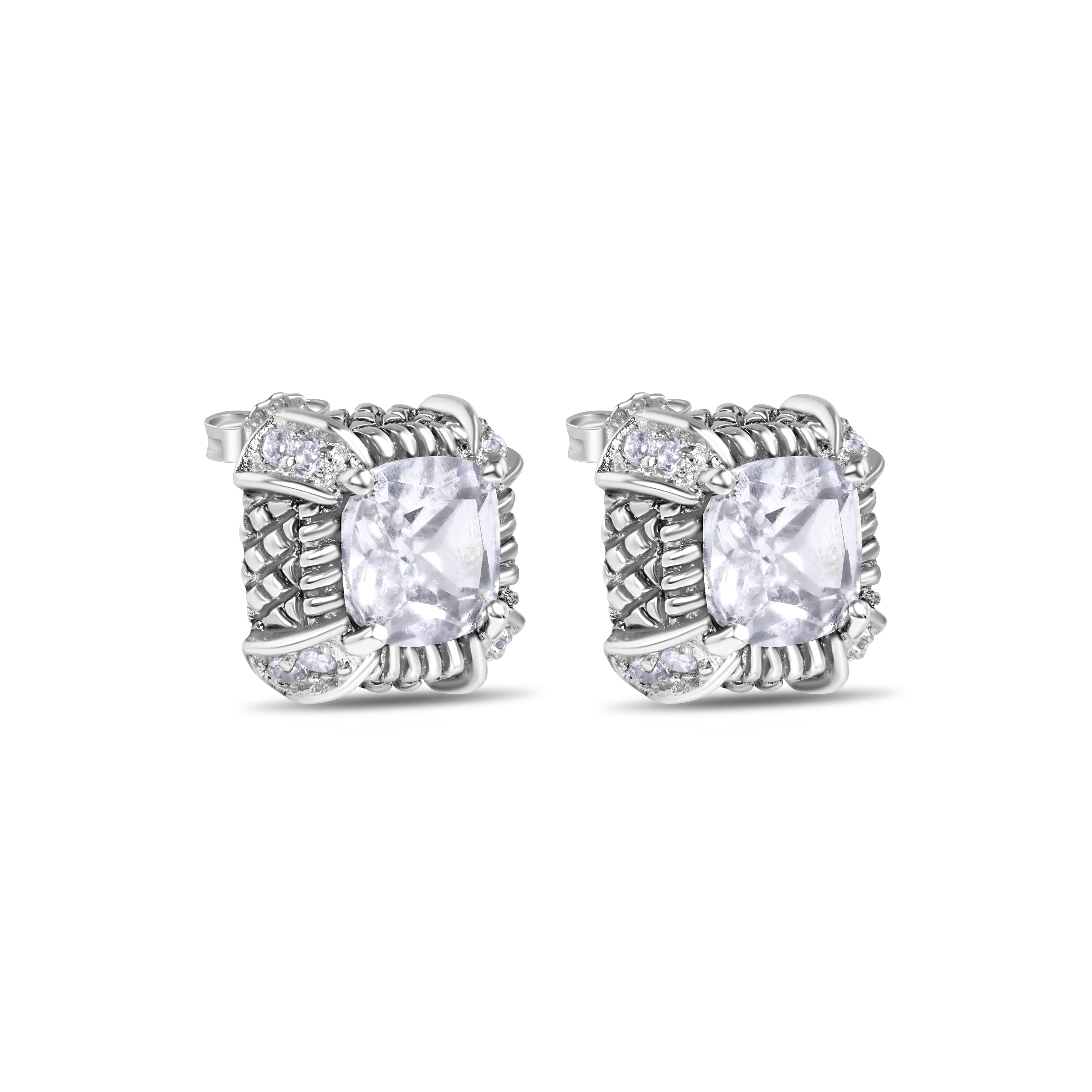 Clearance-Rhodium Plated 925 Sterling Silver Square CZ Stud Earring - STEM140