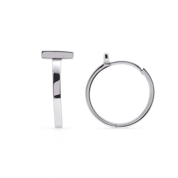 Rhodium Plated 925 Sterling Silver Bar Huggie Hoop 13mm Earring - TGE00001