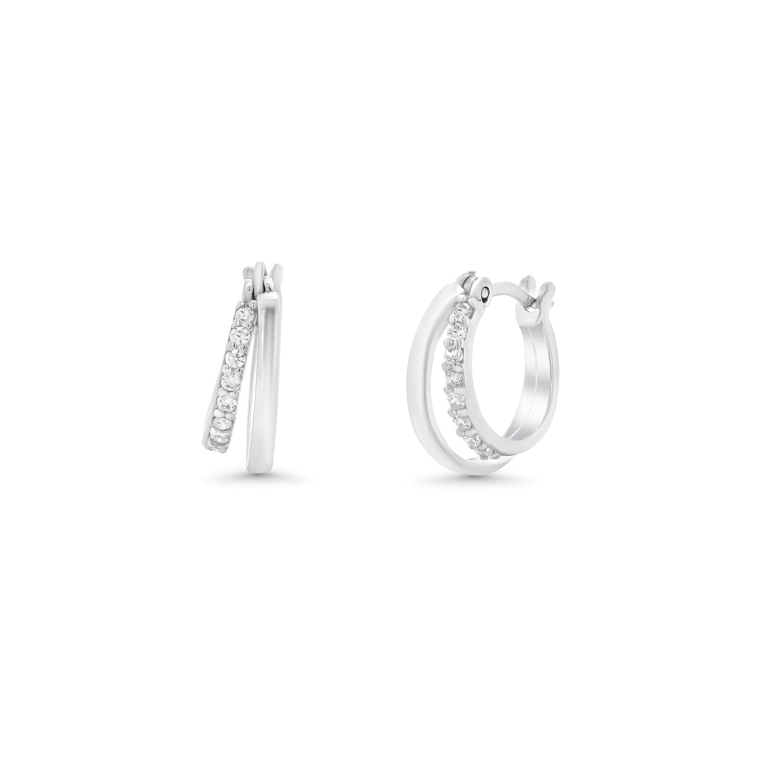 Rhodium Plated 925 Sterling Silver Double Row Clear CZ Hoop Earring - TGE00025