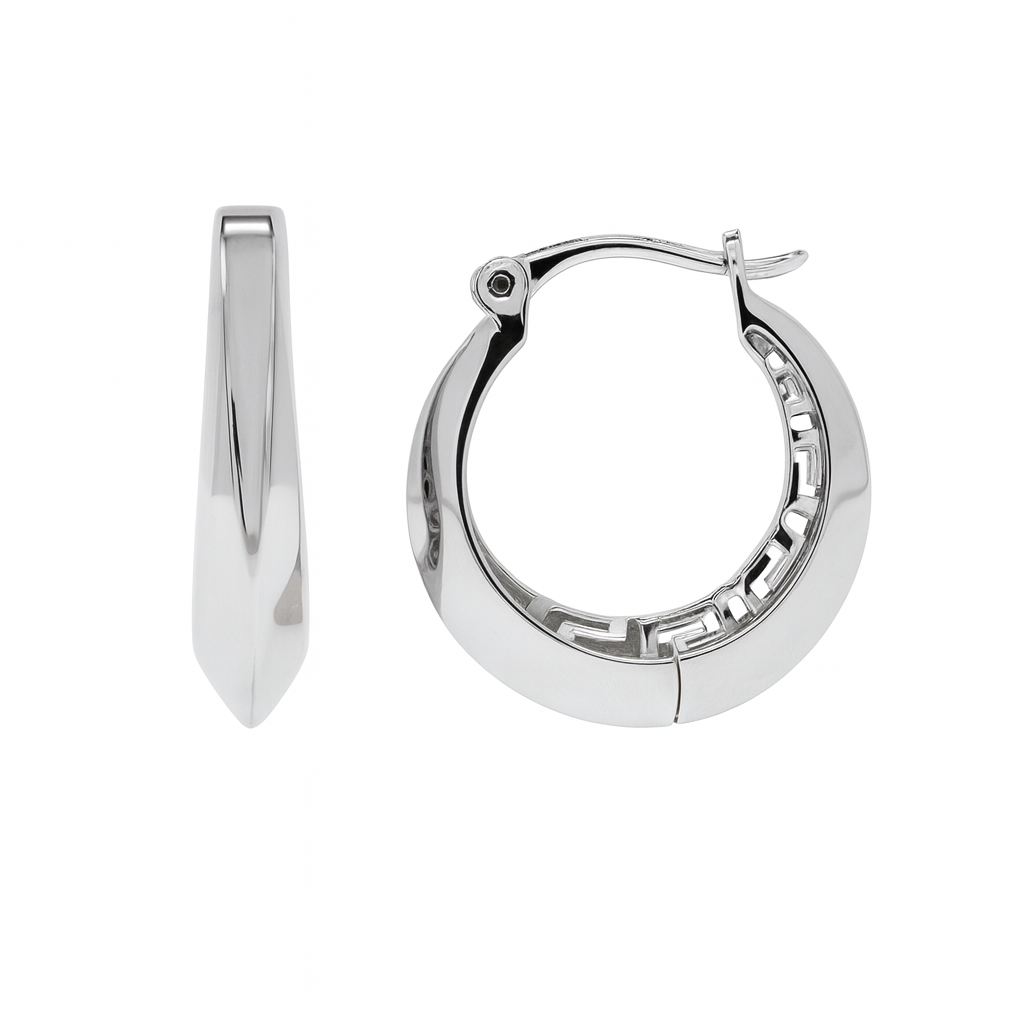 Rhodium Plated 925 Sterling Silver Greek Key Hoop 10.5mm Earring - TGE00008