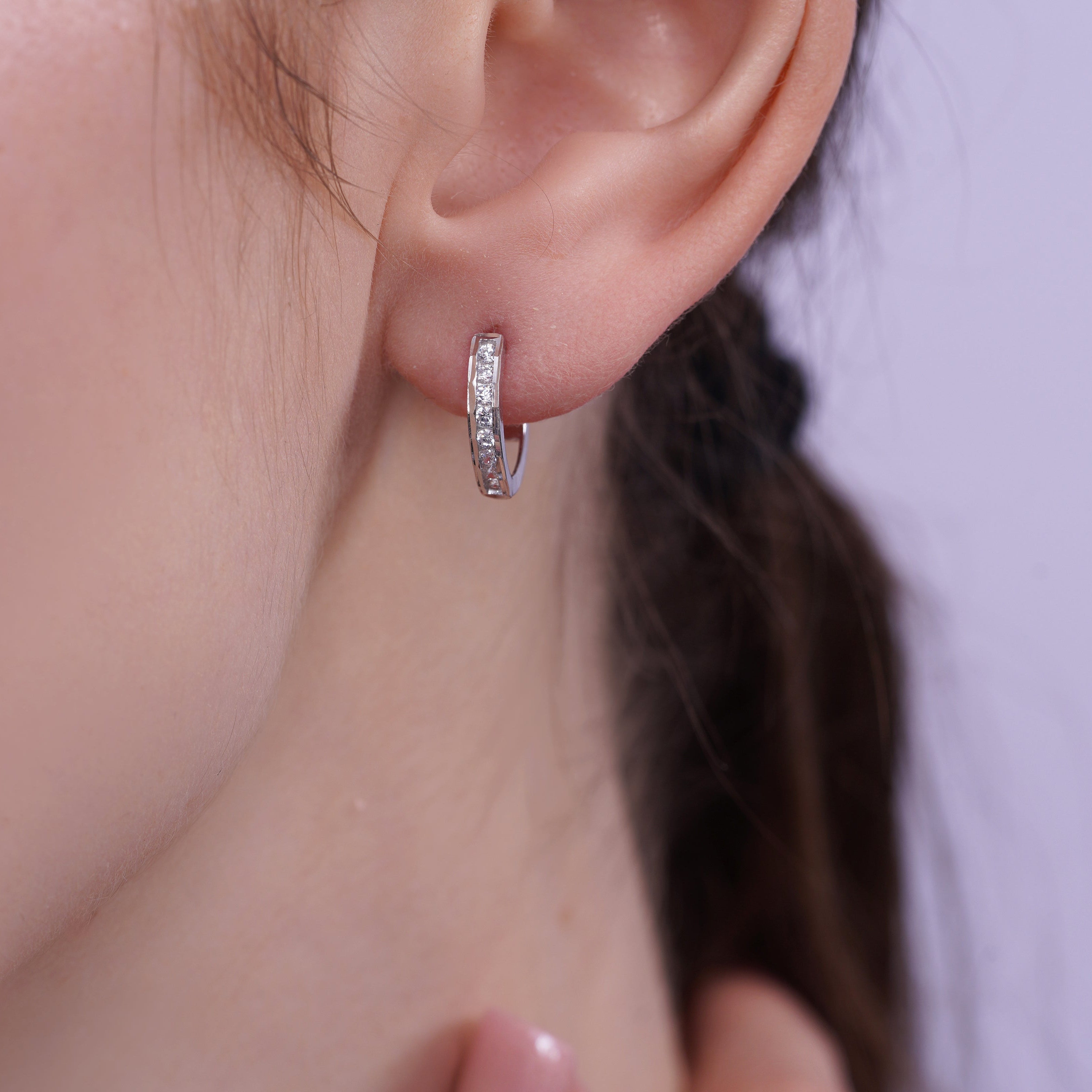 Rhodium Plated 925 Sterling Silver Half Studded CZ 12.7mm Hoop Earring - TGE00021