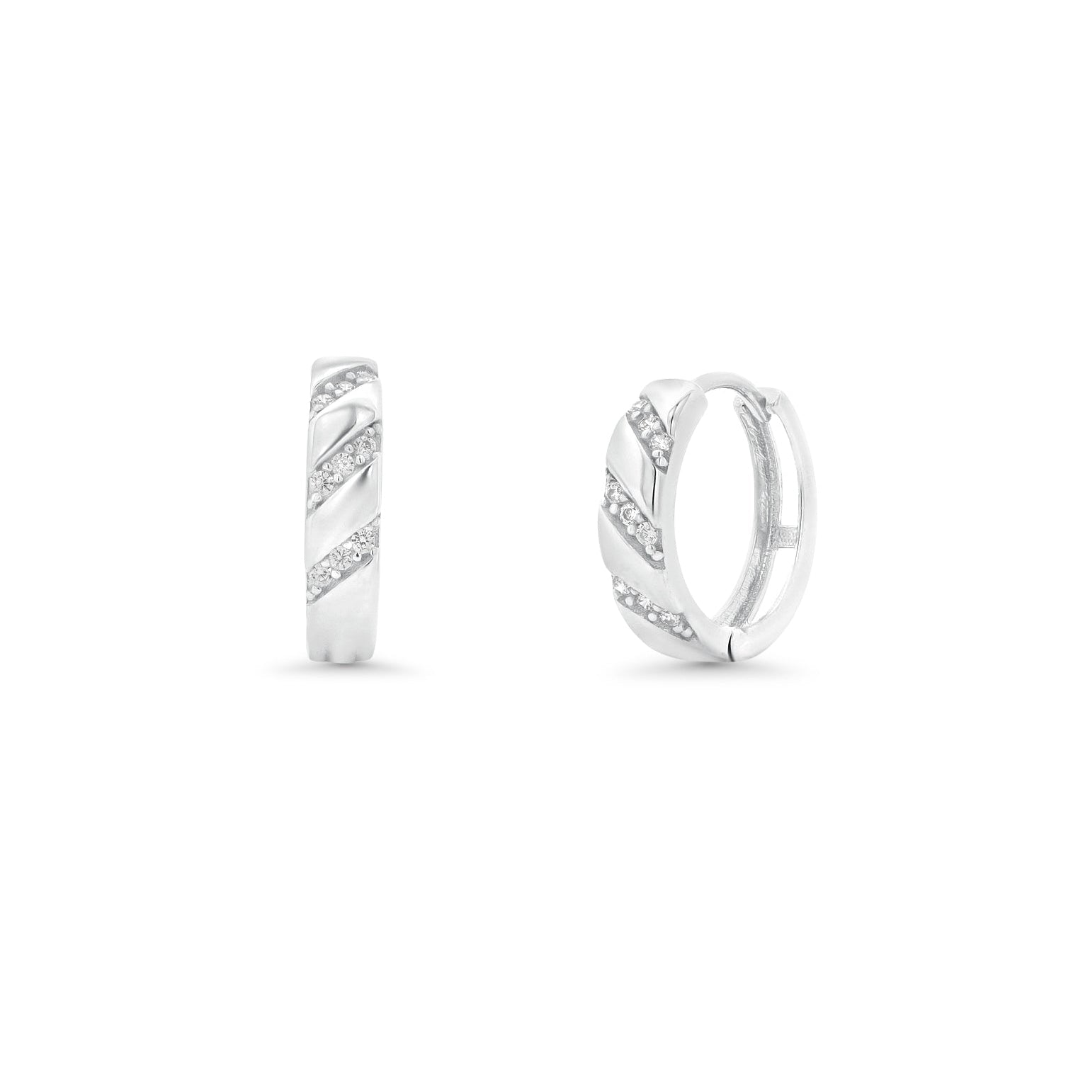 Rhodium Plated 925 Sterling Silver Pave CZ Accents Hoop 13.3mm Earring - TGE00022
