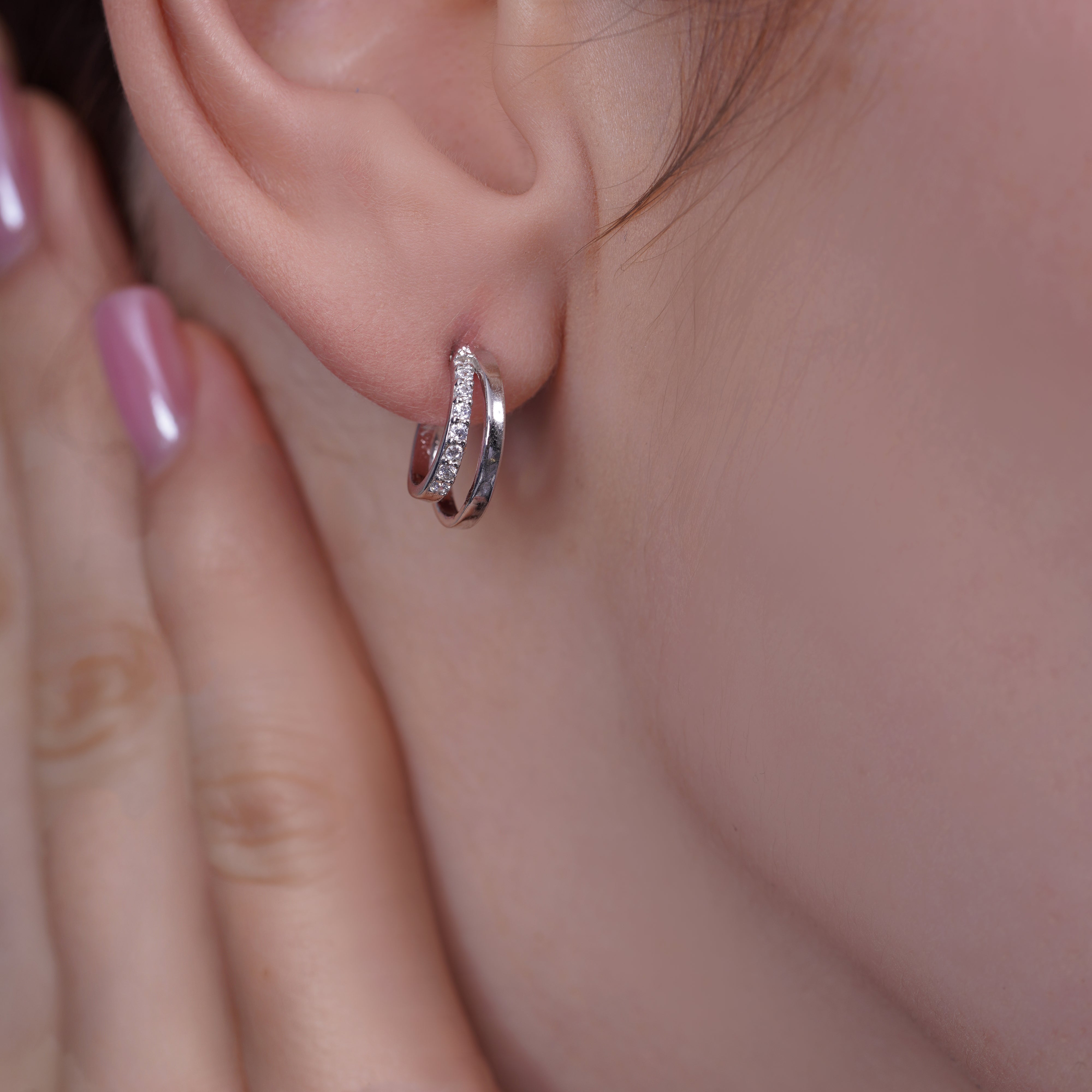 Rhodium Plated 925 Sterling Silver Double Row Clear CZ Hoop Earring - TGE00025