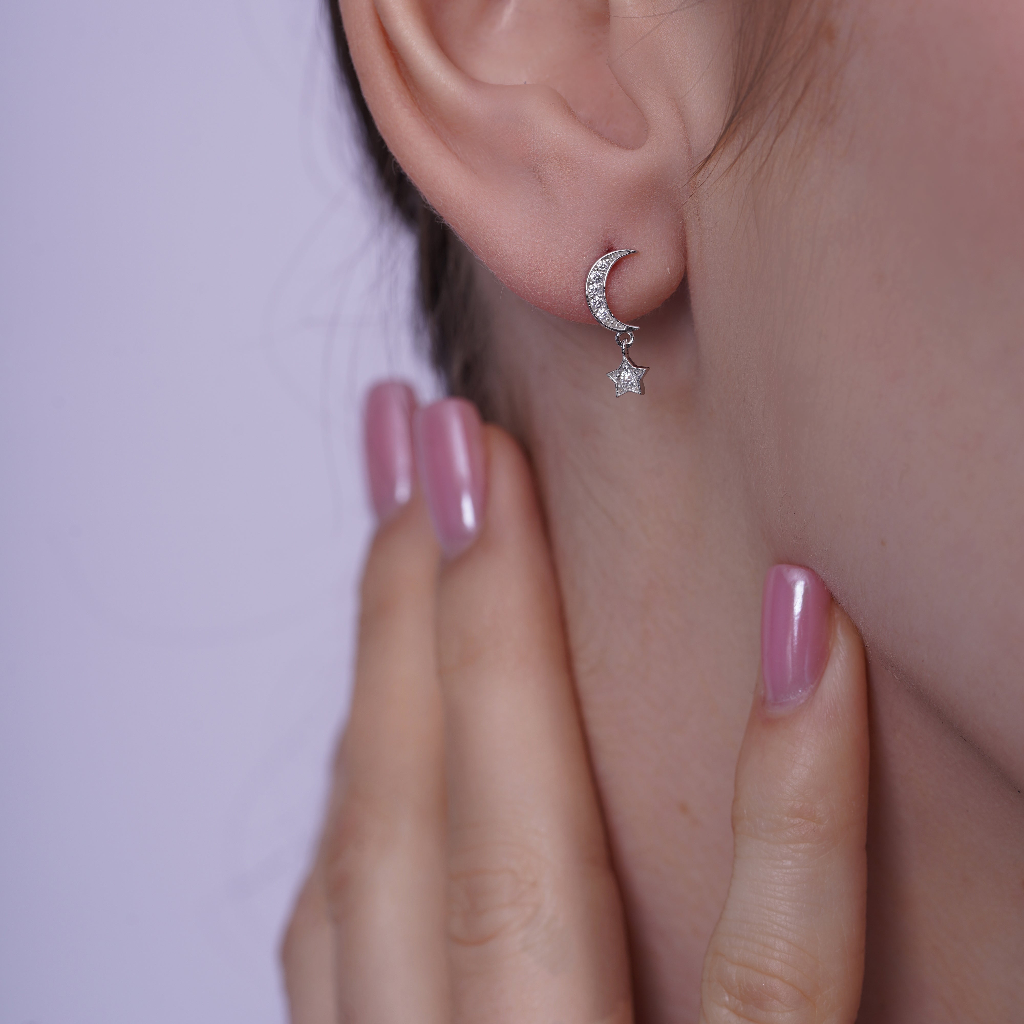 Rhodium Plated 925 Sterling Silver Moon and Star Drop Stud Earrings - TGE00035