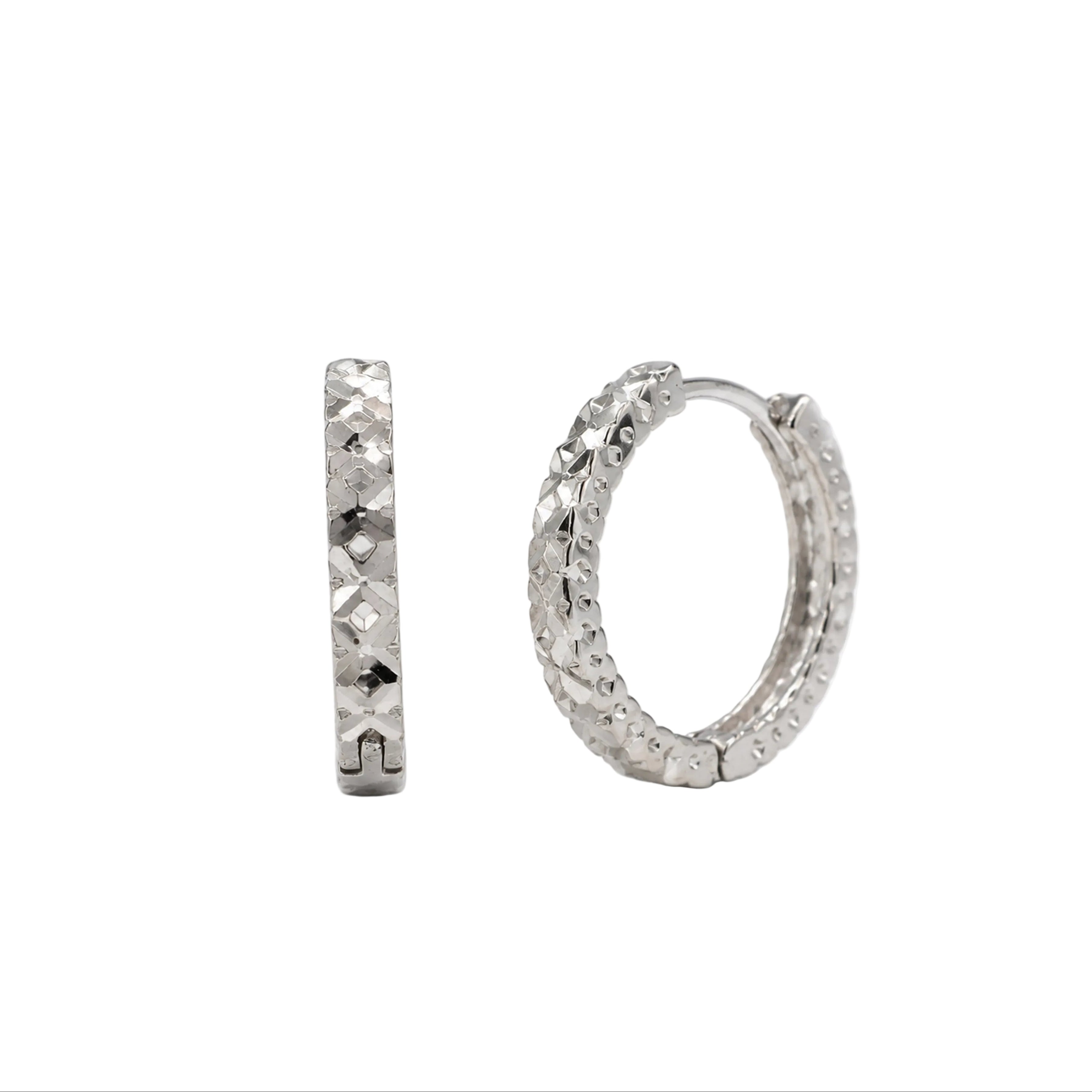 Rhodium Plated 925 Sterling Silver Diamond Cut Hoop Earrings - TGE00040