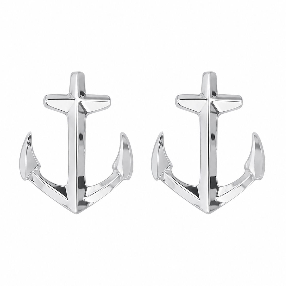 Rhodium Plated 925 Sterling Silver Diamond Cut Anchor Stud Earrings - TGE00062