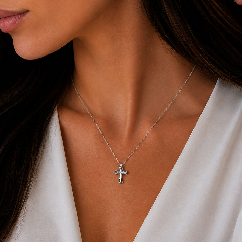 Rhodium Plated 925 Sterling Silver Diamond Cut Cross Necklace