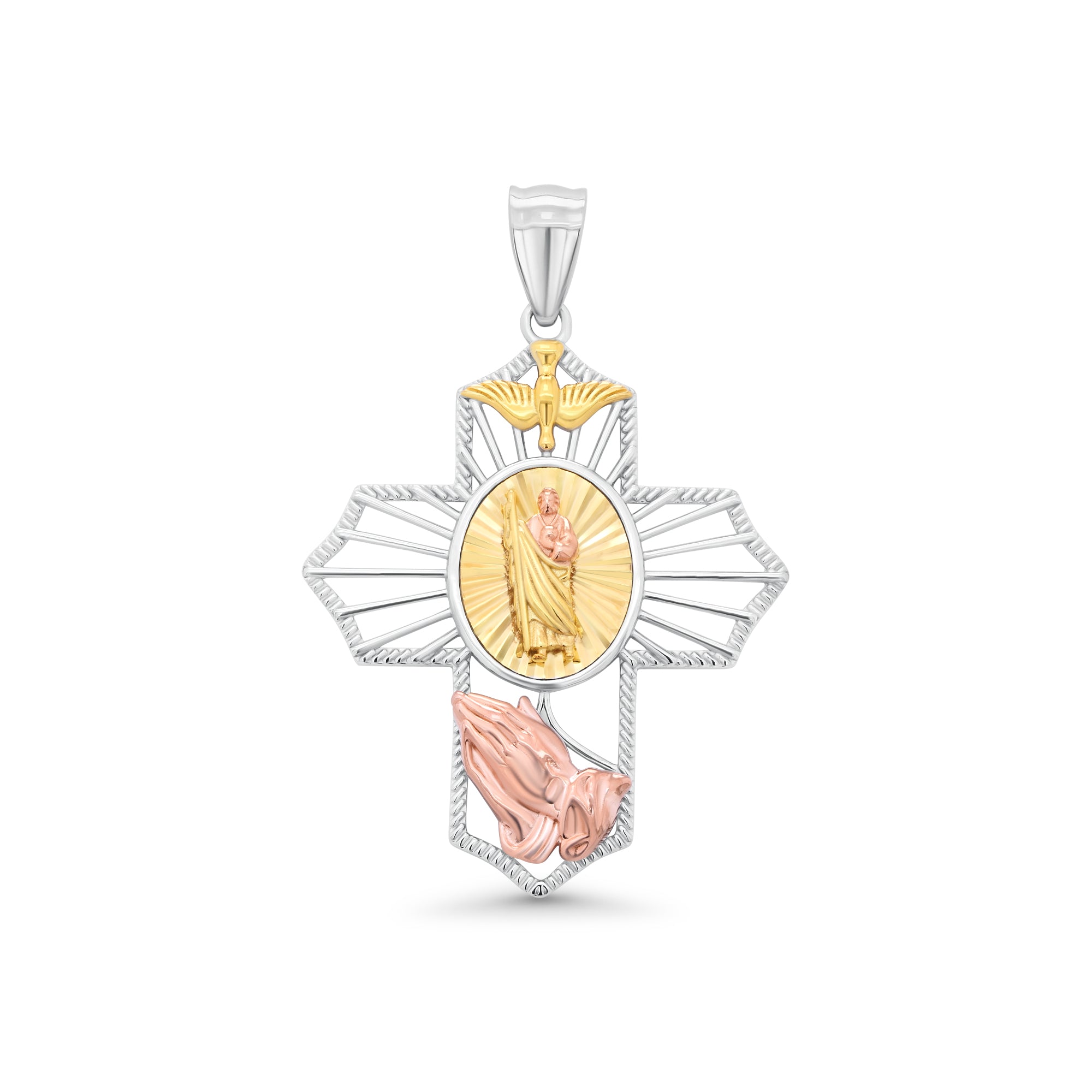 Tri-Tone 925 Sterling Silver Diamond Cut Sacred Heart & Praying Hands Pendant - TGP00001TRI