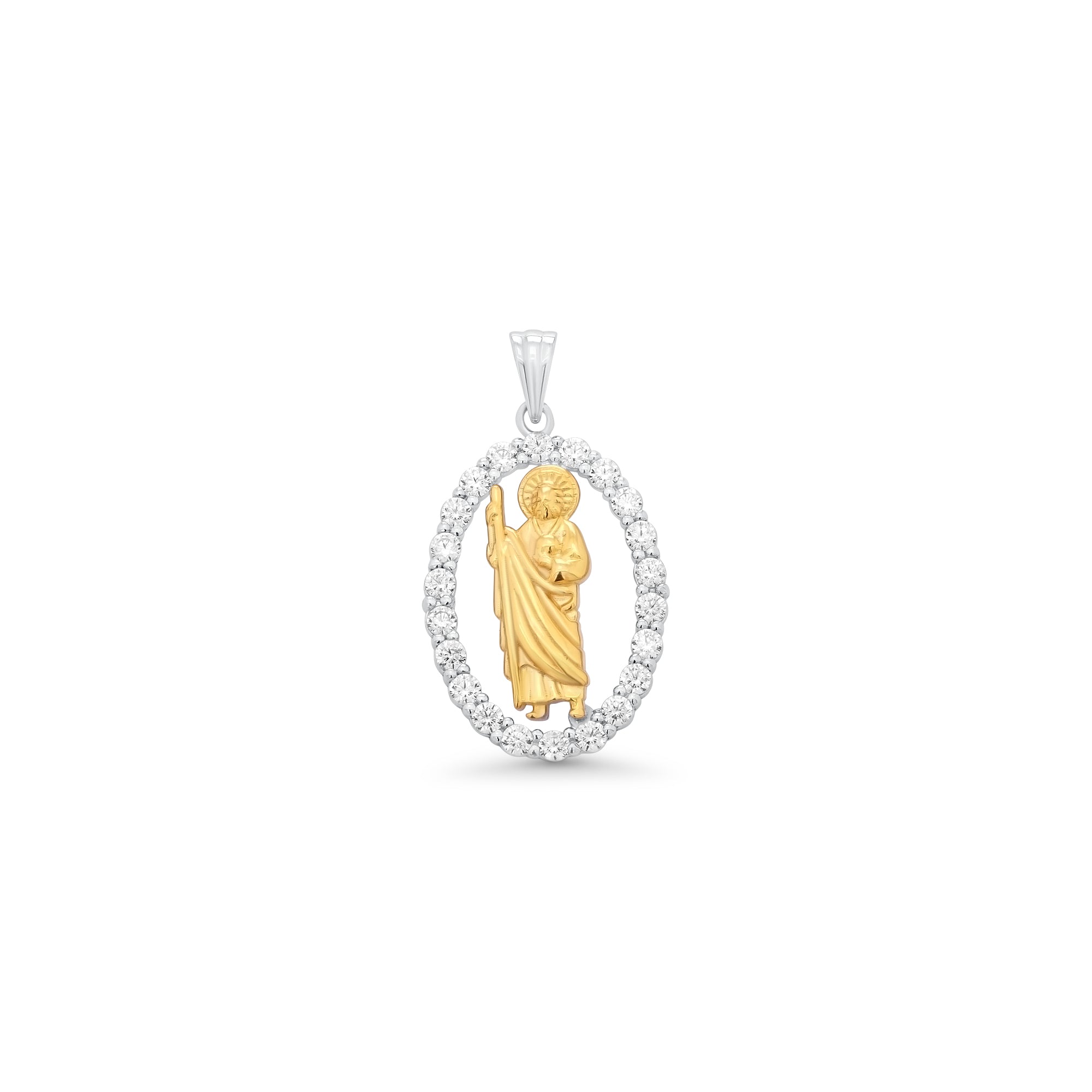 Two-Tone 925 Sterling Silver Saint Jude Oval Clear CZ Pendant - TGP00004
