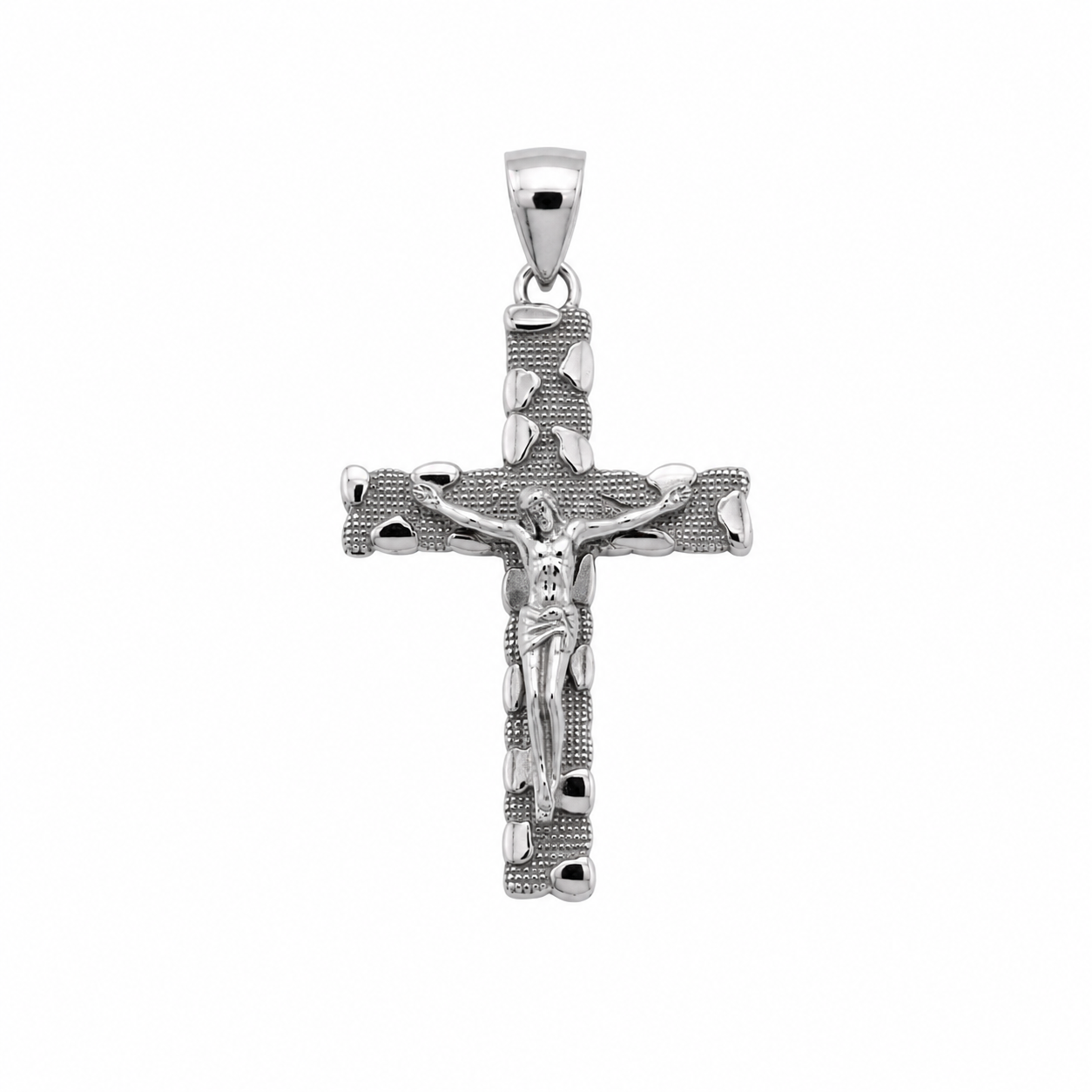 Rhodium Plated 925 Sterling Silver Diamond Cut Jesus Crucifix Cross Pendant - TGP00008
