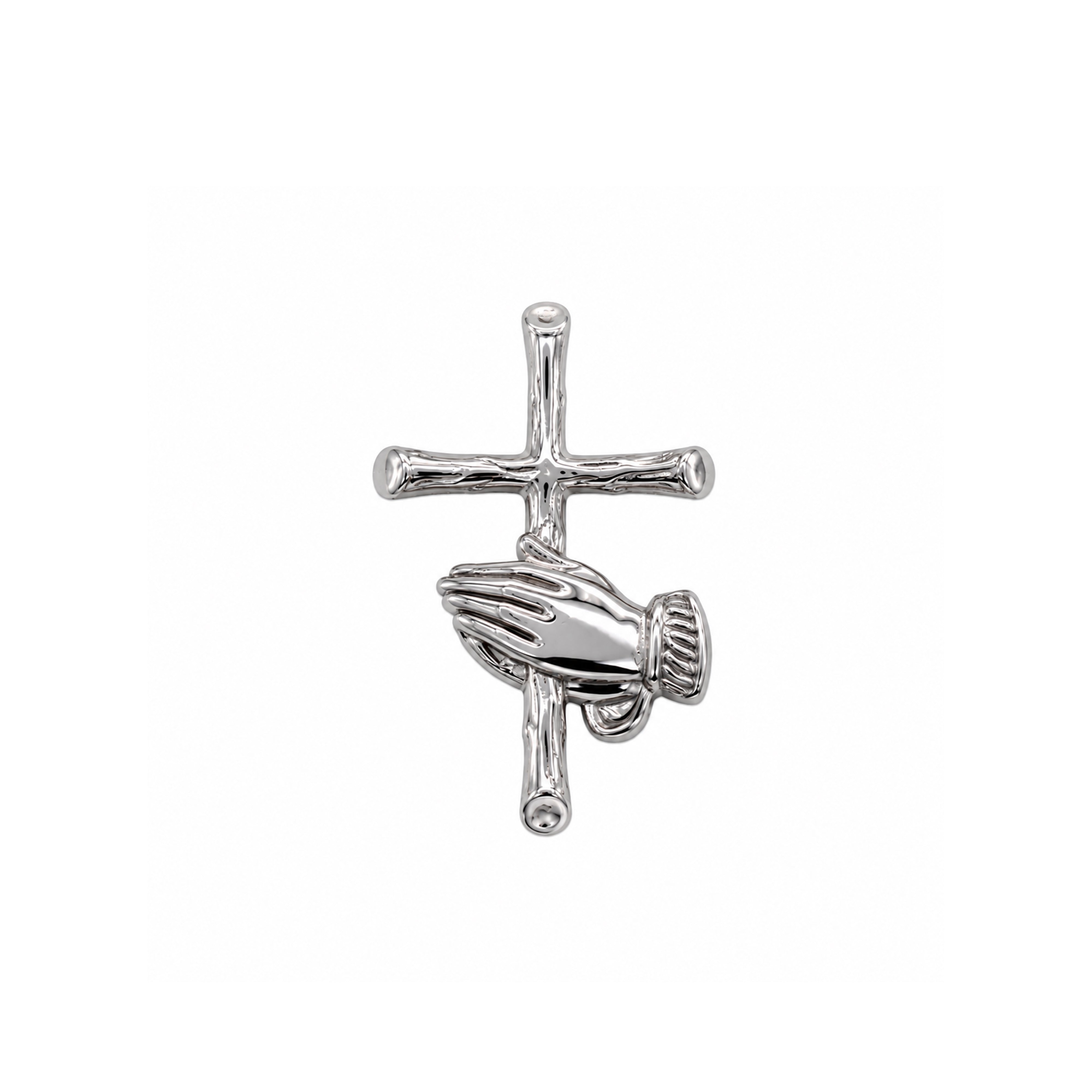 Rhodium Plated 925 Sterling Silver Praying Hands Cross Pendant - TGP00012