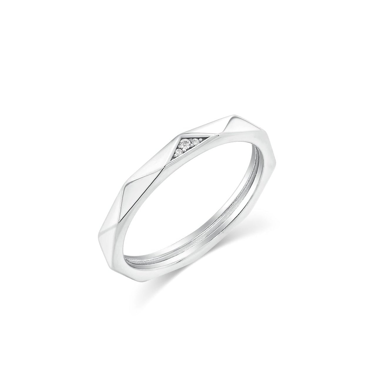 Rhodium Plated 925 Sterling Silver Faceted Edge Clear CZ 2.2mm Ring - TGR00021