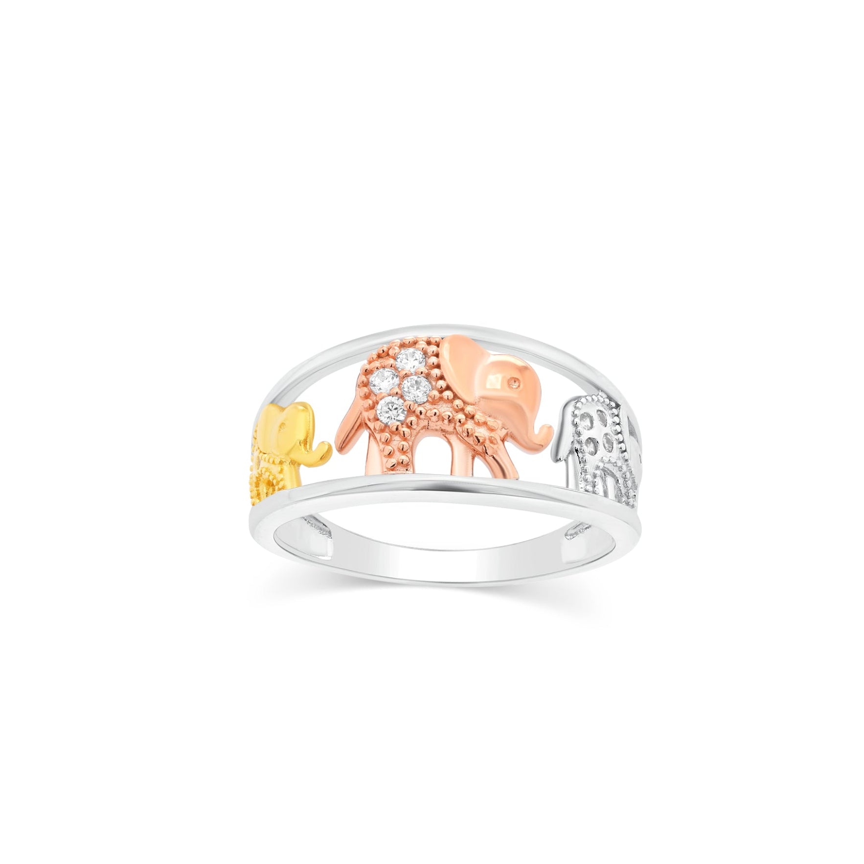 Tri-Tone Plated 925 Sterling Silver Elephant Clear CZ 9mm Ring