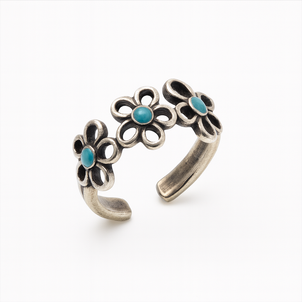 Oxidized 925 Sterling Silver Adjustable Turquoise Flower Toe Ring - TR319