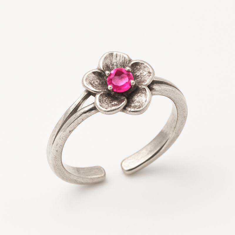 925 Sterling Silver Adjustable Colored CZ Flower Toe Ring - TR331