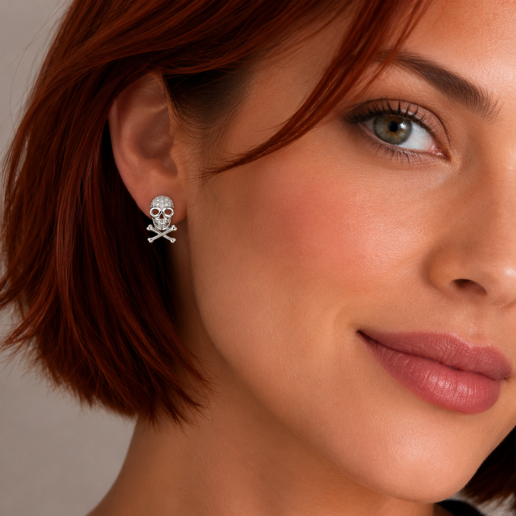 Rhodium Plated 925 Sterling Silver Skull & Crossbones CZ Stud Earring - ACE00001