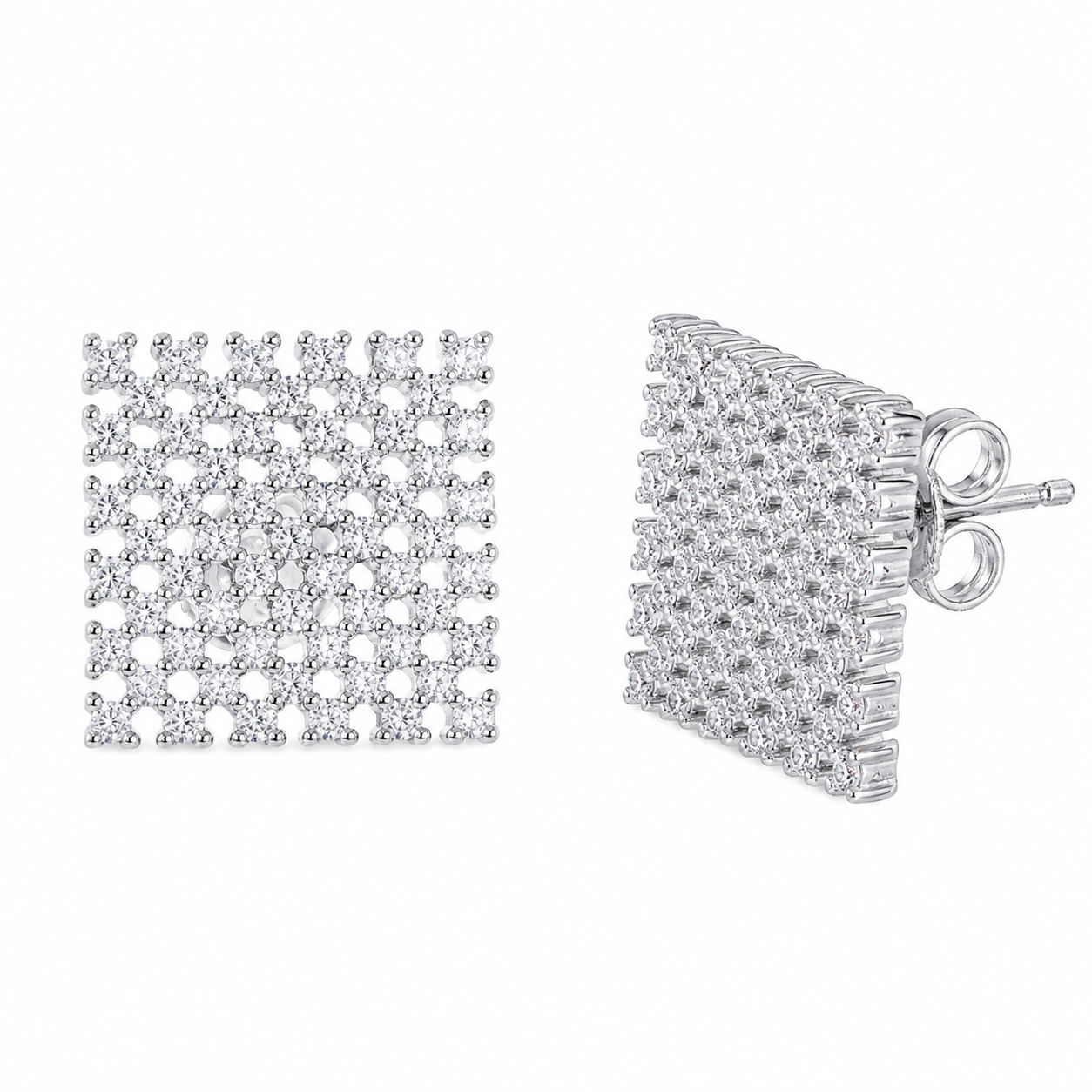Plated 925 Silver Large Checkered CZ Stud Earrings - ACE00080