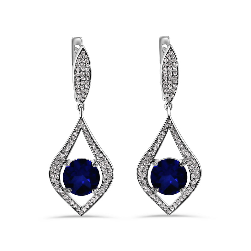 Rhodium Plated 925 Sterling Silver Chandelier Round Sapphire CZ Dangling Earring  - AME0000BLUE