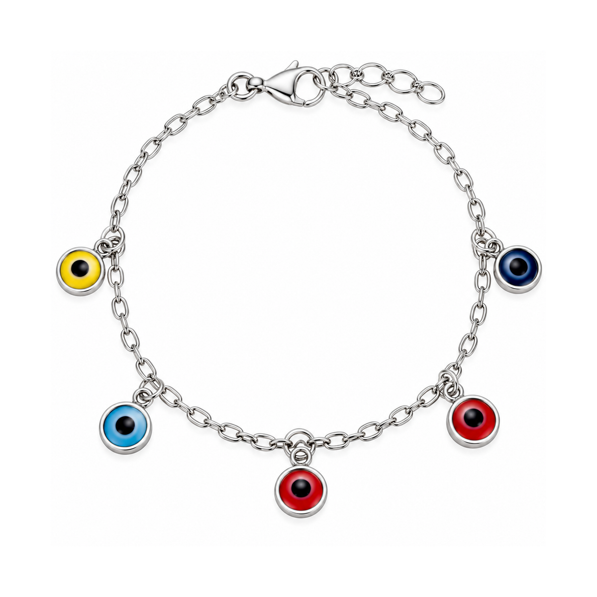 Rhodium Plated 925 Sterling Silver Six Multi Color Evil Eye 4.5mm Charm Adjustable Bracelet - APB00005
