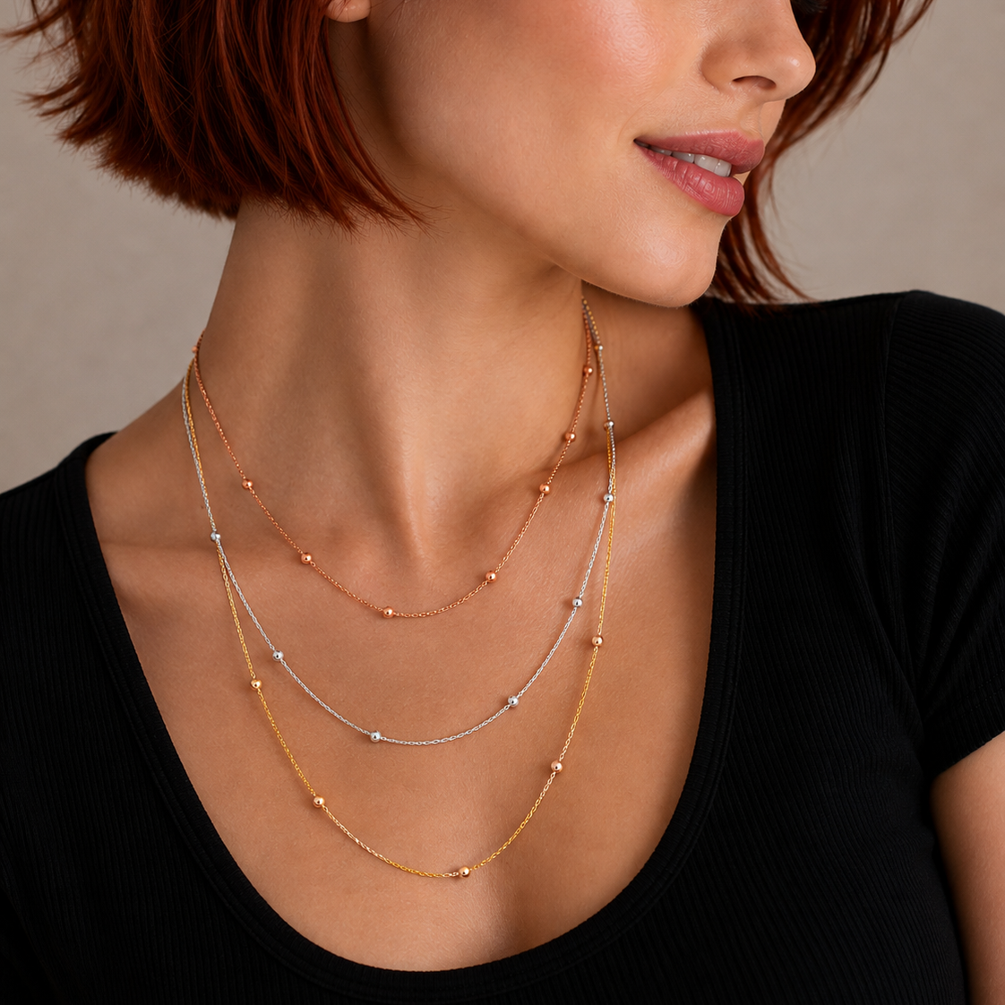 Three-Tone 925 Silver Multi Roc Chain with Beads Necklace - ARN00028TRI