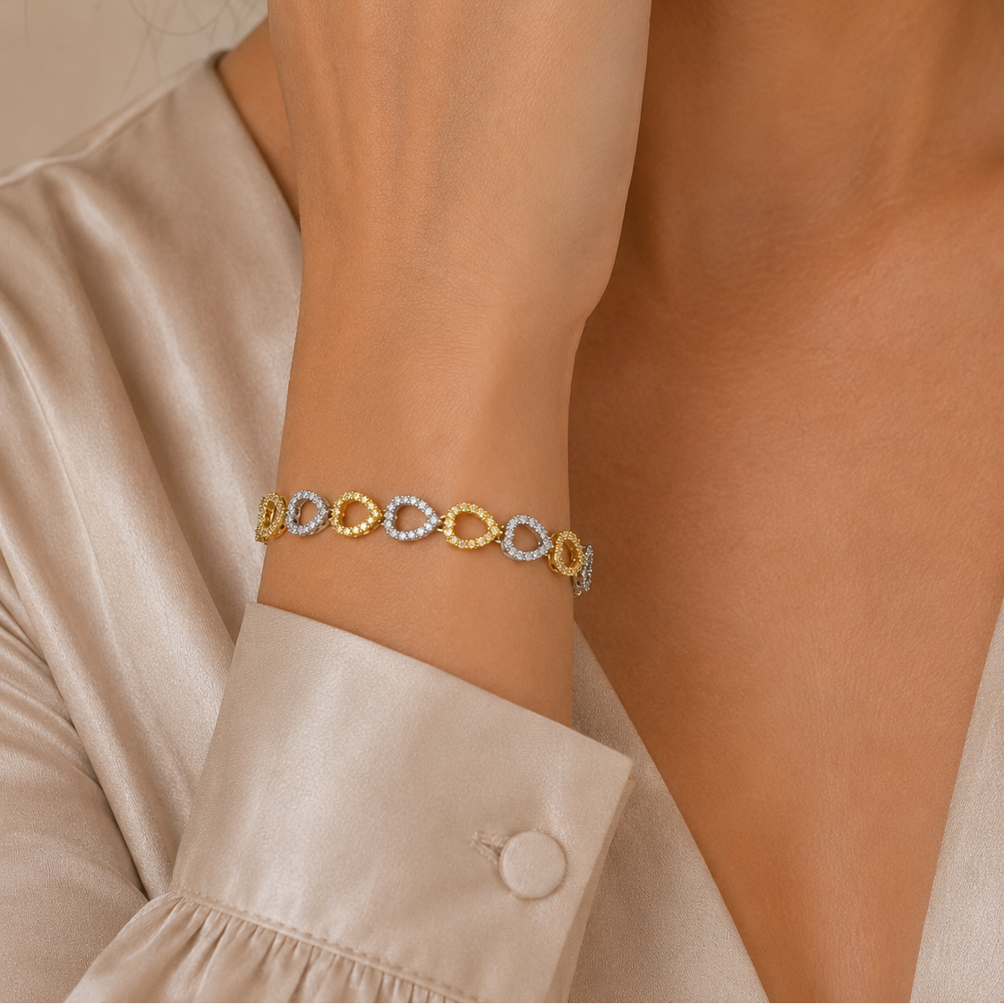 Clearance-Rhodium & Gold Plated 925 Silver CZ Tear Drop Bracelet- BGB00012