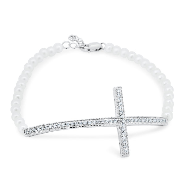 Silver 925 Cross CZ Pearl Bracelet - BGB00087