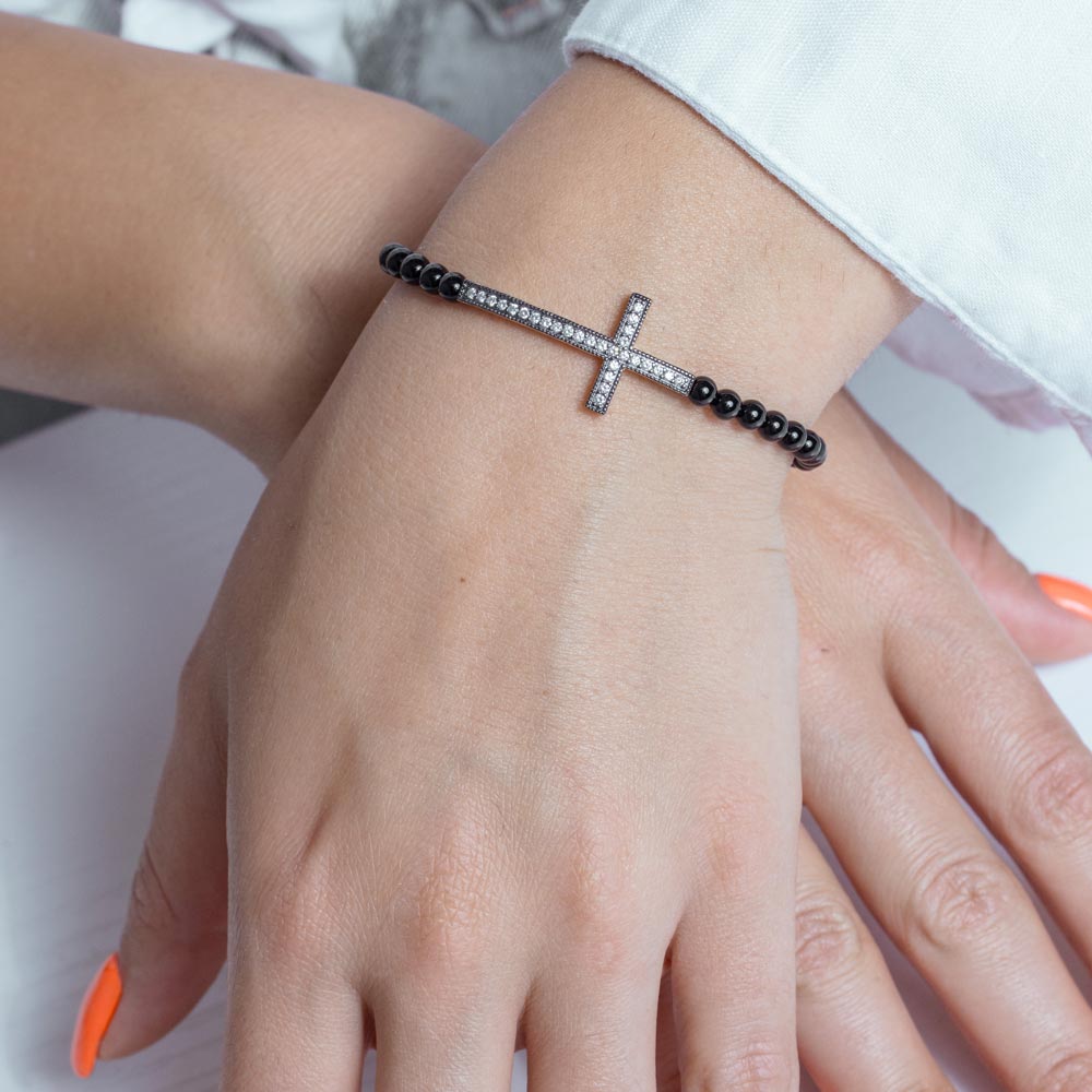 Venta al por mayor Pulsera de cuentas negras con circonita cúbica cruzada lateral chapada en oro de plata esterlina 925 - BGB00121