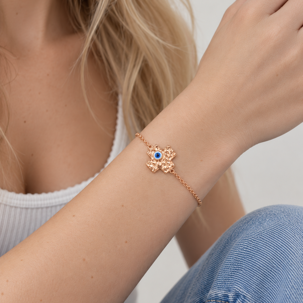 Pulsera ajustable con cruz de ojo malvado de plata de ley 925 bañada en oro rosa - BGB00135