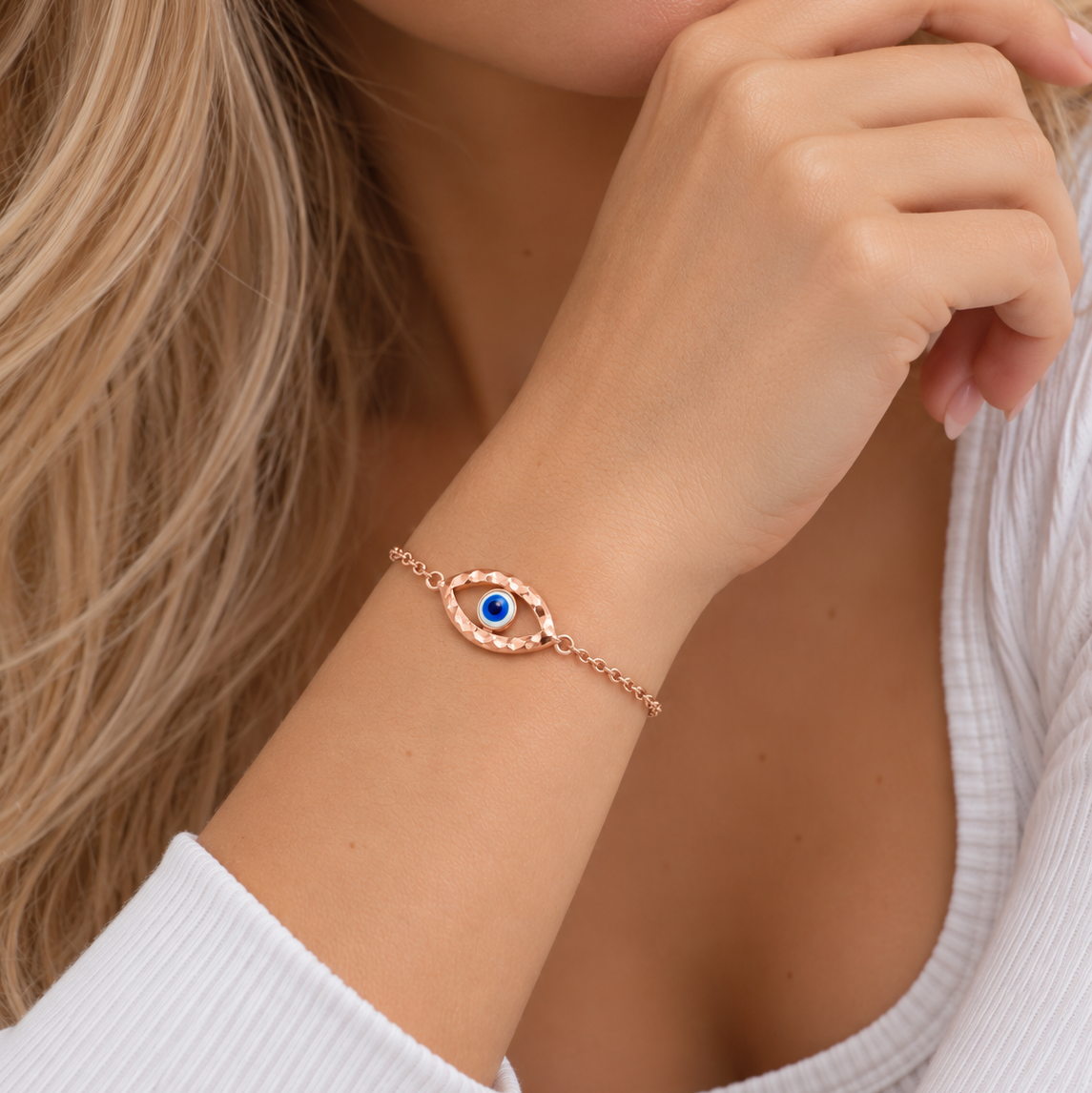 Pulsera abierta con circonita cúbica de mal de ojo chapada en oro rosa de plata 925 - BGB00137