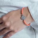 Pulsera de cuentas naranja con circonita cúbica transparente y corona circular chapada en rodio de plata 925 - BGB00141