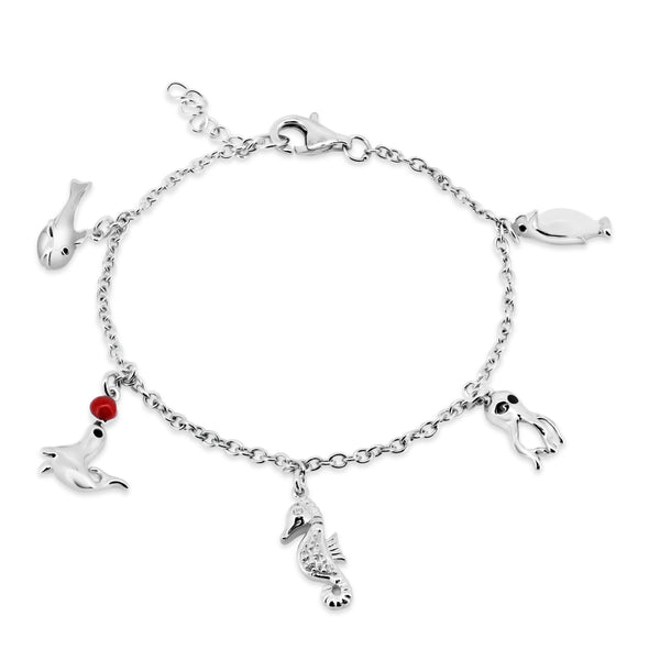 Pulsera de plata 925 chapada en rodio con múltiples objetos colgantes, circonita roja y transparente - BGB00180