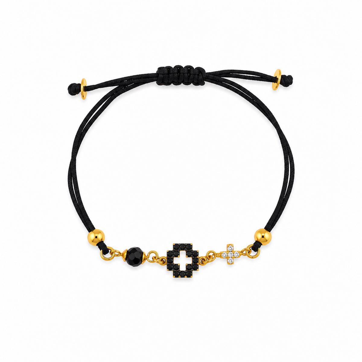 Gold Plated 925 Sterling Silver Cross Charm CZ Black Cord Bracelet - BGB00192