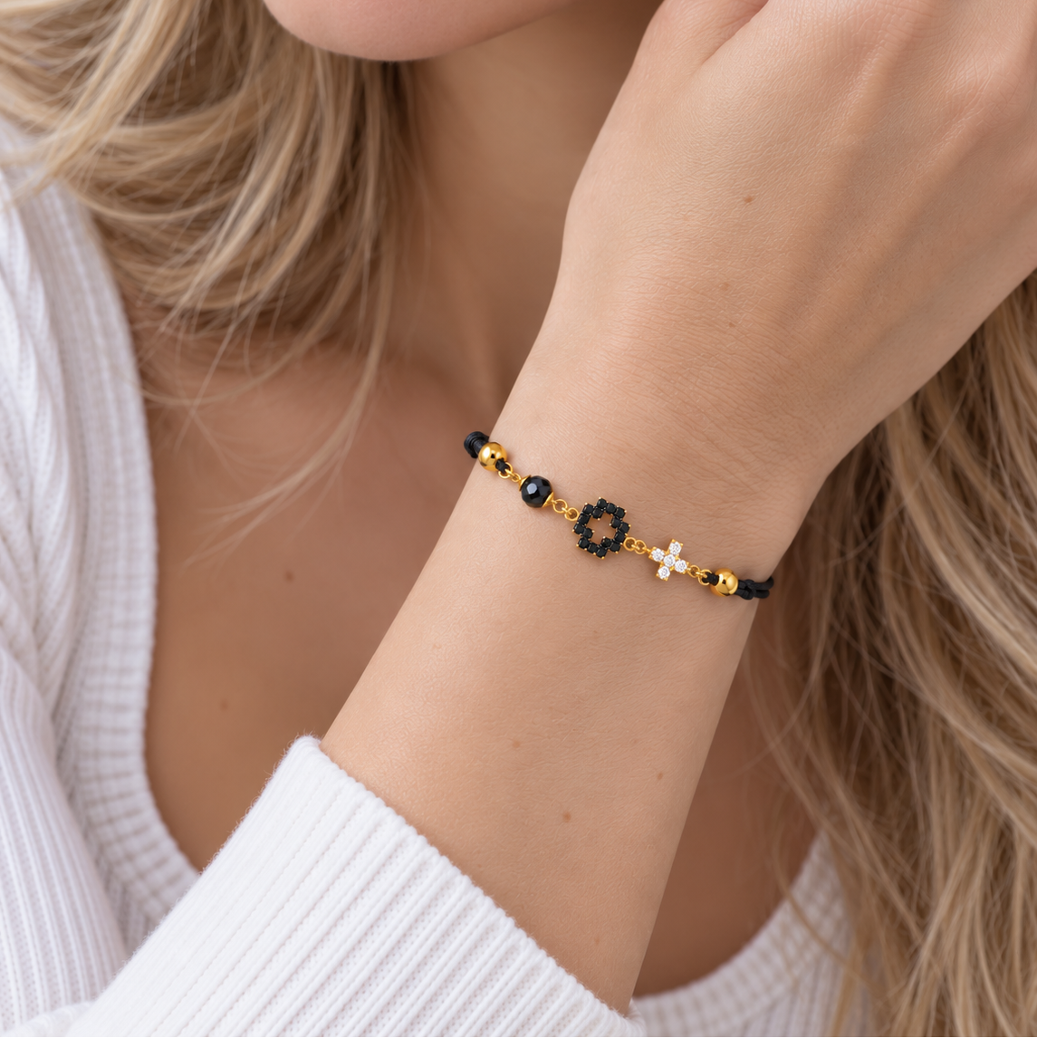 Gold Plated 925 Sterling Silver Cross Charm CZ Black Cord Bracelet - BGB00192