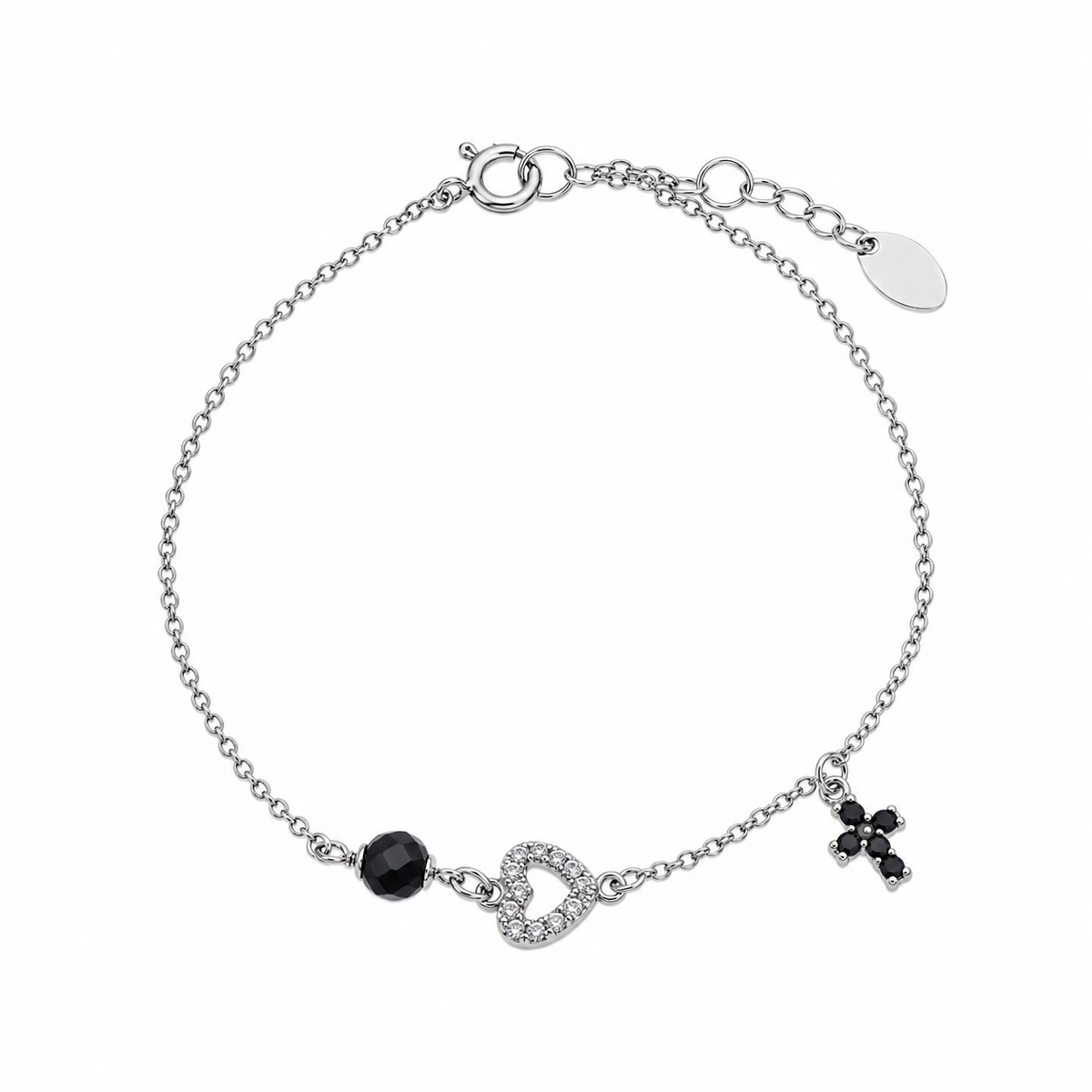Rhodium Plated 925 Sterling Silver CZ Heart, Cross & Onyx Charm Bracelet- BGB00226