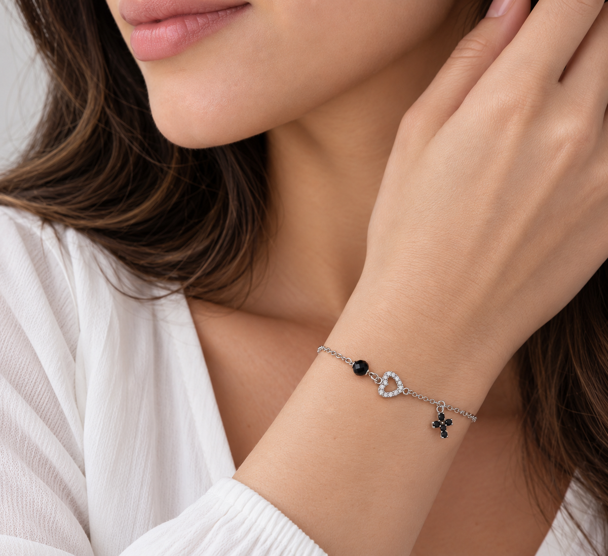 Rhodium Plated 925 Sterling Silver CZ Heart, Cross & Onyx Charm Bracelet- BGB00226