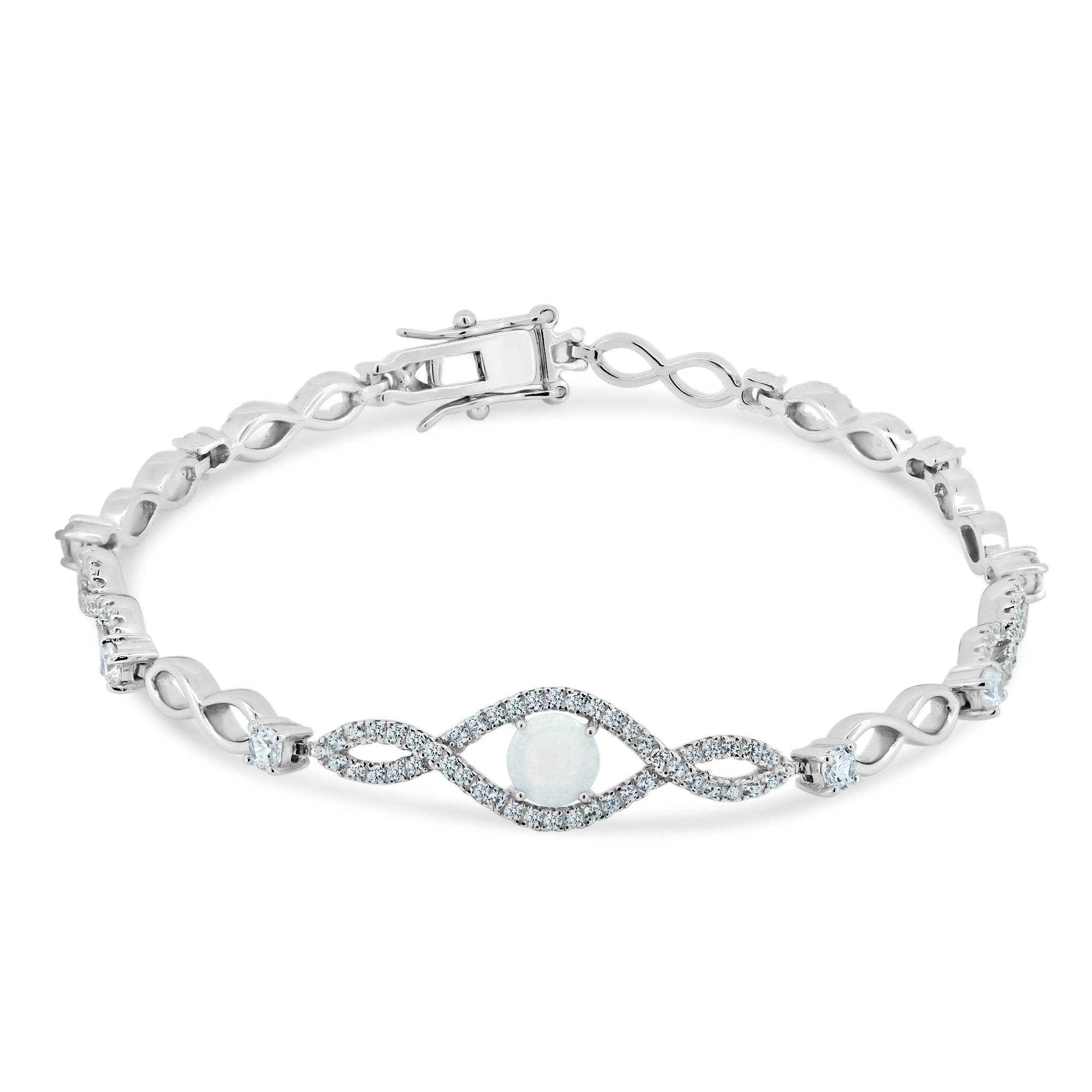 Rhodium Plated 925 Sterling Silver CZ Eye Bracelet with Synthetic Opal - BGB00283