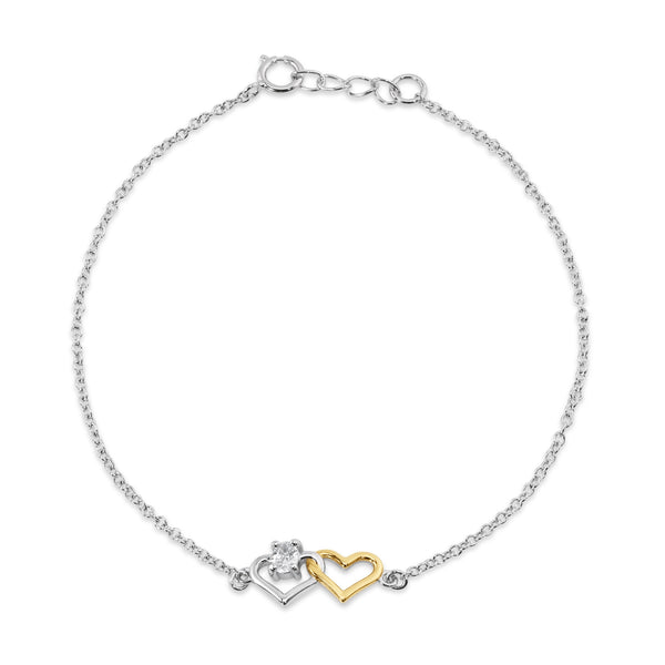 925 Sterling Silver Rhodium and Gold Plated Heart Clear CZ Bracelet- BGB00386