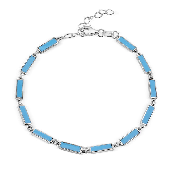925 Sterling Silver Rhodium Plated Light Blue Turquoise Stone Bar Link Bracelet - BGB00388
