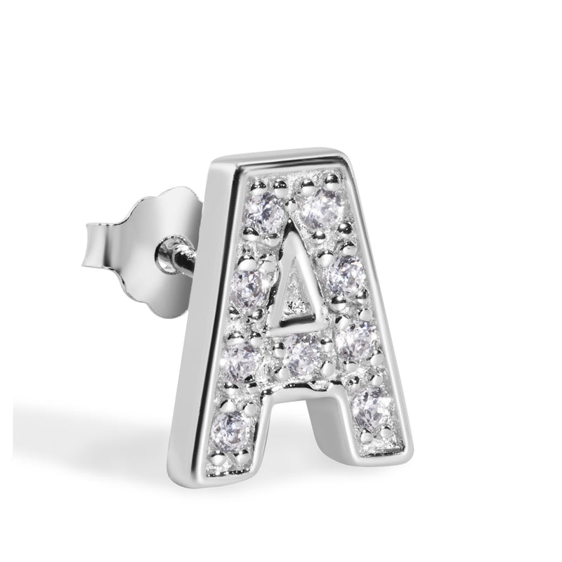 Rhodium Plated 925 Sterling Silver Letter Alphabet Clear CZ 8.8mm Stud Single Earring - BGE00387