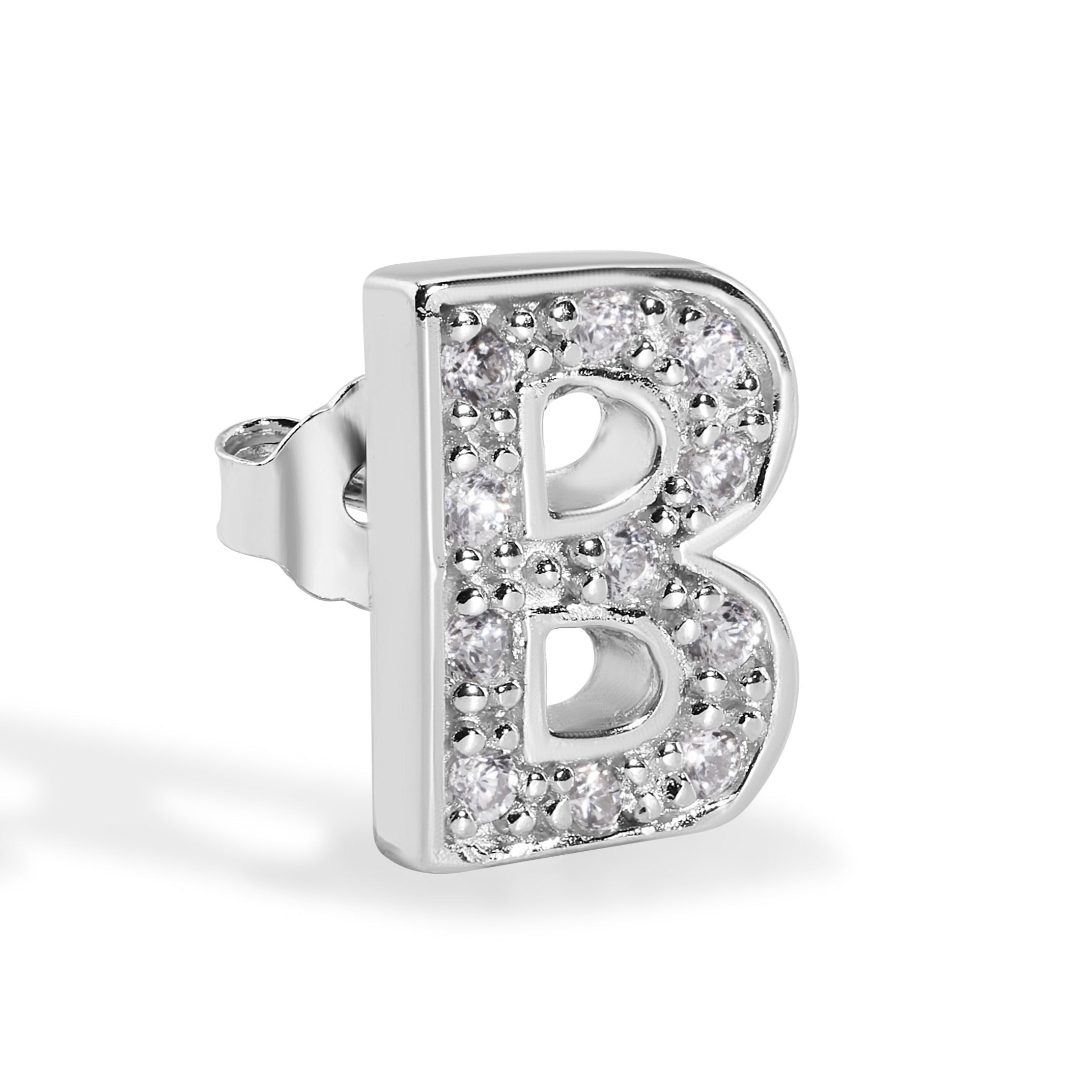 Pendiente con broche de plata de ley 925 chapado en rodio, letra de alfabeto única de 8,8 mm con circonita cúbica transparente - BGE00387