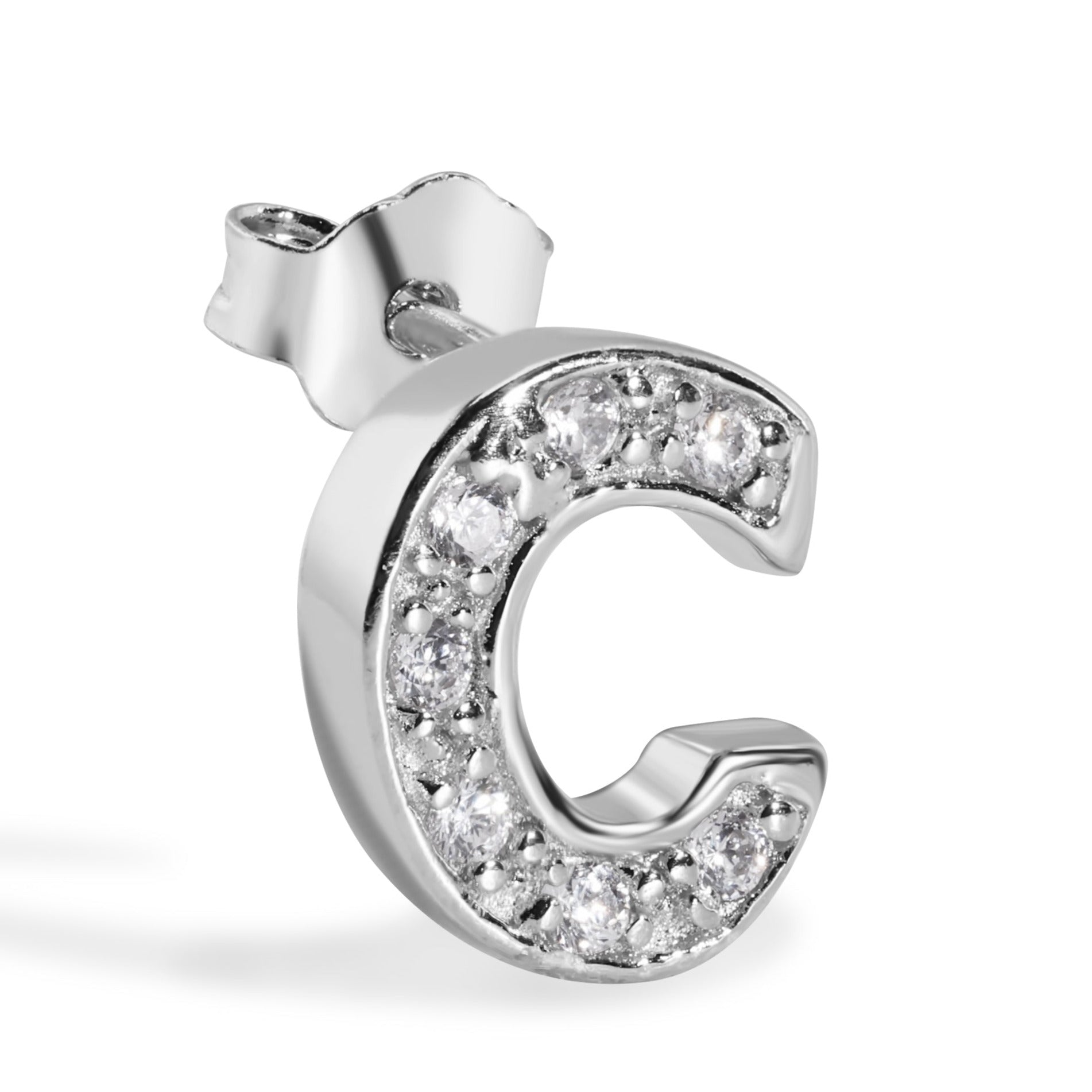 Pendiente con broche de plata de ley 925 chapado en rodio, letra de alfabeto única de 8,8 mm con circonita cúbica transparente - BGE00387