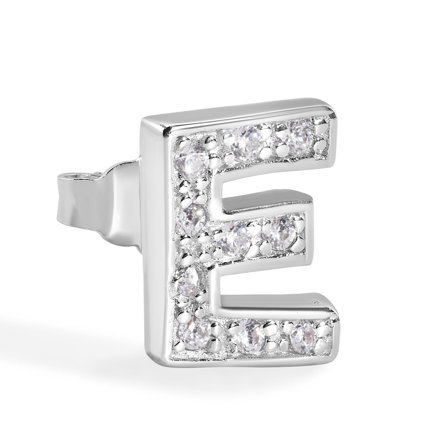 Pendiente con broche de plata de ley 925 chapado en rodio, letra de alfabeto única de 8,8 mm con circonita cúbica transparente - BGE00387