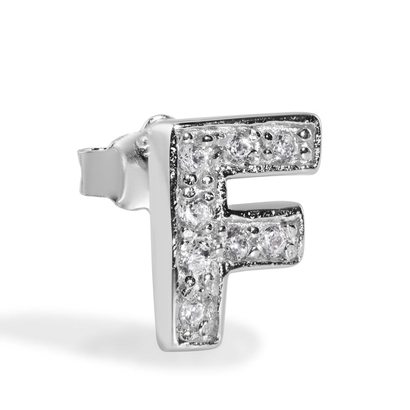 Rhodium Plated 925 Sterling Silver Letter Alphabet Clear CZ 8.8mm Stud Single Earring - BGE00387