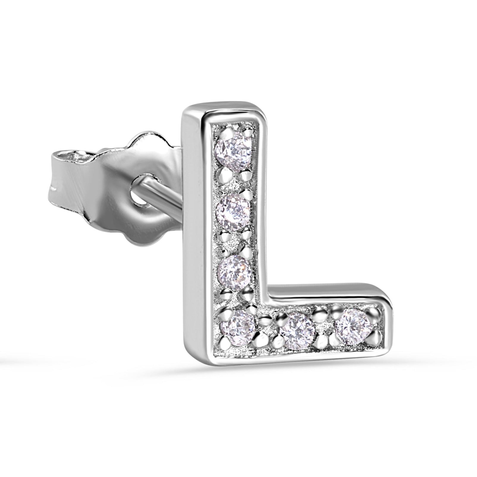 Pendiente con broche de plata de ley 925 chapado en rodio, letra de alfabeto única de 8,8 mm con circonita cúbica transparente - BGE00387