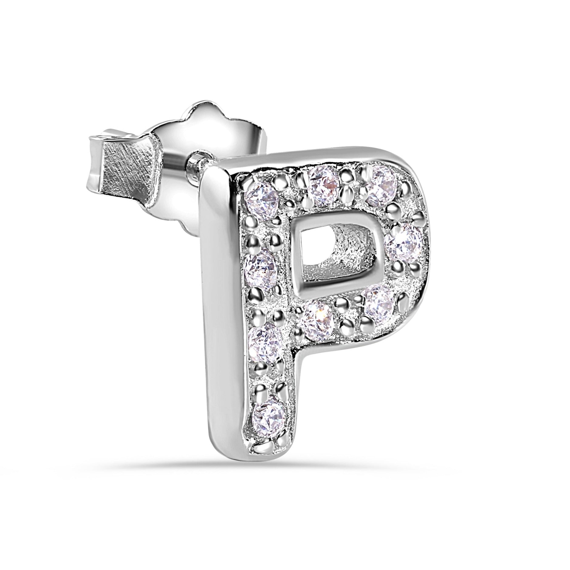 Pendiente con broche de plata de ley 925 chapado en rodio, letra de alfabeto única de 8,8 mm con circonita cúbica transparente - BGE00387